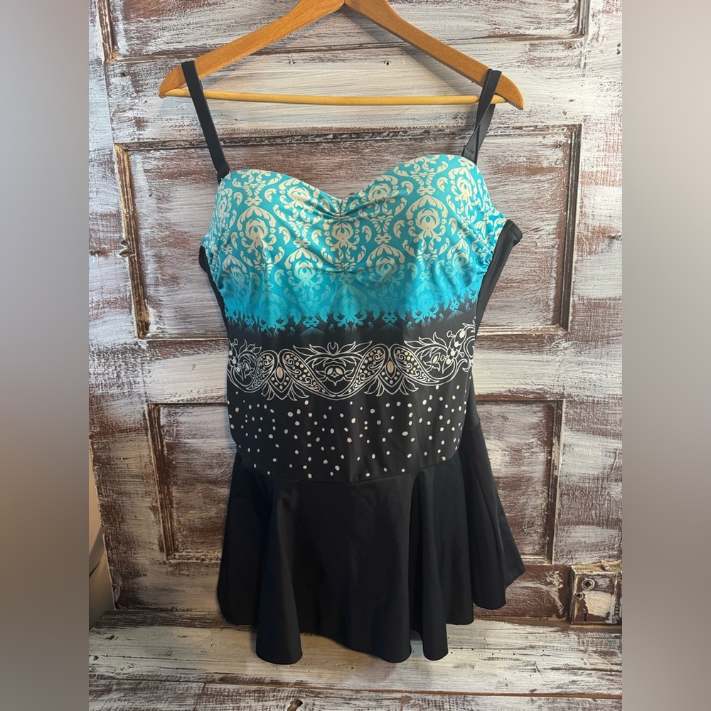 Black Swimdress with Turquoise Patterned Bodice